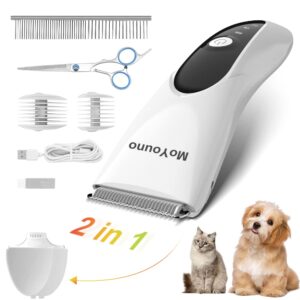 moyouno professional dog grooming clippers, white, 2-in-1 detachable premium blades, super quiet, low vibration, guide combs & scissor, rechargeable