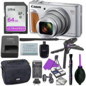 canon powershot sx740 hs digital camera bundle (silver) with tripod hand grip, 64gb sd memory, case and more (renewed)