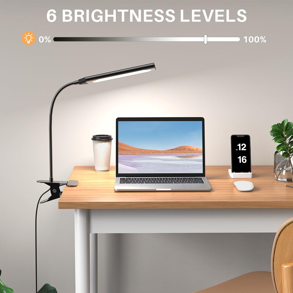 GARMESE LED Desk Lamp, Clip on Lamp for Home Office 5W Eye-Caring USB Light Gooseneck Lamp Dimmable 6 Brightness Levels 3 Color Temperatures Reading Lamp for Bed Headboard Black 5W