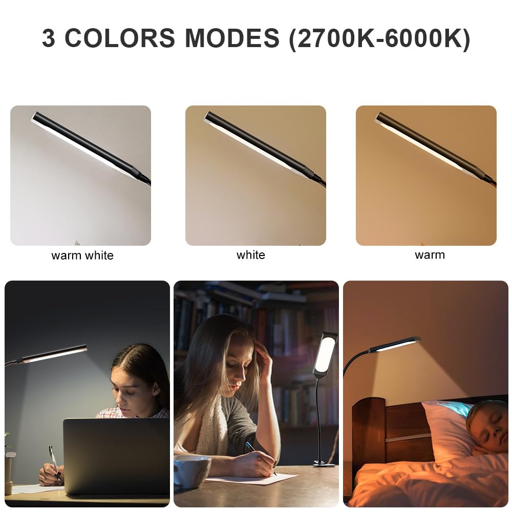 GARMESE LED Desk Lamp, Clip on Lamp for Home Office 5W Eye-Caring USB Light Gooseneck Lamp Dimmable 6 Brightness Levels 3 Color Temperatures Reading Lamp for Bed Headboard Black 5W