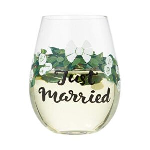 Enesco Designs by Lolita Just Married Wedding Hand-Painted Artisan Stemless Wine Glass Set, 20 Ounce, Multicolor