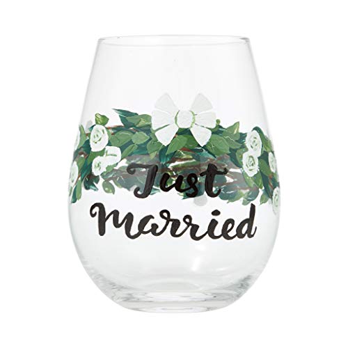 Enesco Designs by Lolita Just Married Wedding Hand-Painted Artisan Stemless Wine Glass Set, 20 Ounce, Multicolor