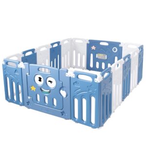 costzon foldable baby playpen, 16-panel baby play yards with lock door & anti-slip rubber bases, indoor outdoor safety baby fence with adjustable shape for children toddlers (16 panel, blue + white)