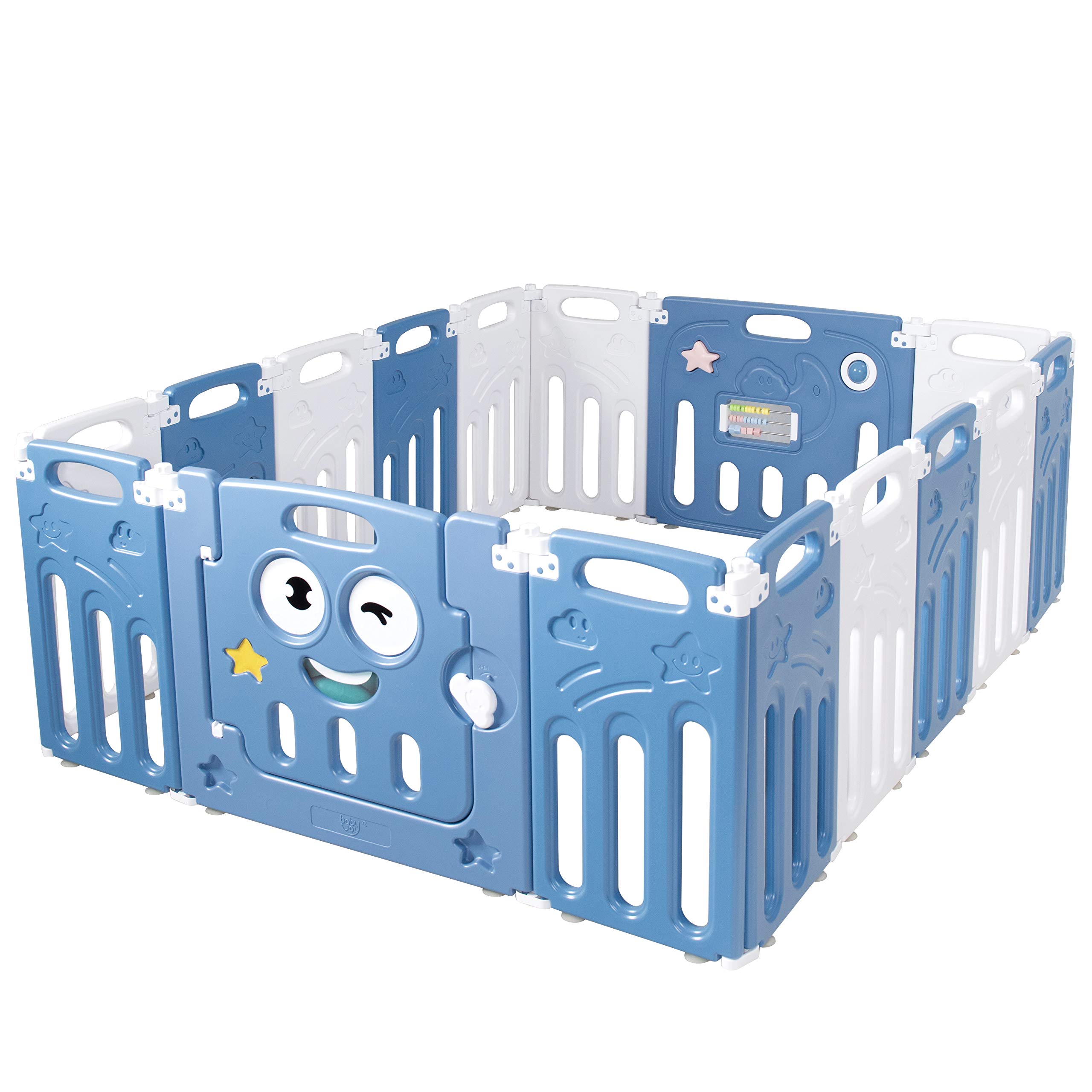 Costzon Foldable Baby Playpen, 16-Panel Baby Play Yards with Lock Door & Anti-Slip Rubber Bases, Indoor Outdoor Safety Baby Fence with Adjustable Shape for Children Toddlers (16 Panel, Blue + White)