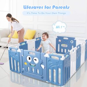 Costzon Foldable Baby Playpen, 16-Panel Baby Play Yards with Lock Door & Anti-Slip Rubber Bases, Indoor Outdoor Safety Baby Fence with Adjustable Shape for Children Toddlers (16 Panel, Blue + White)