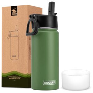 koodee water bottle-16 oz stainless steel double wall vacuum insulated sports water bottle with straw for girls and boy (grass green)