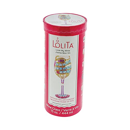 Enesco Designs by Lolita Happy Birthday Roller Coaster Hand-Painted Artisan Wine Glass, 1 Count (Pack of 1), Multicolor