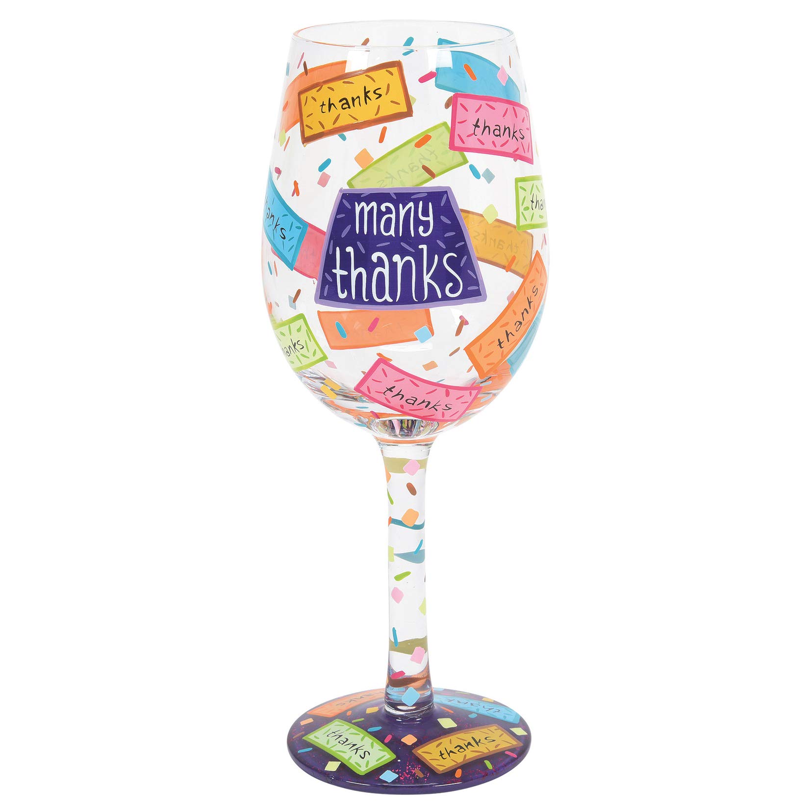 Enesco Designs by Lolita Many Thanks Hand-Painted Artisan Wine Glass, 15 Ounce, Multicolor