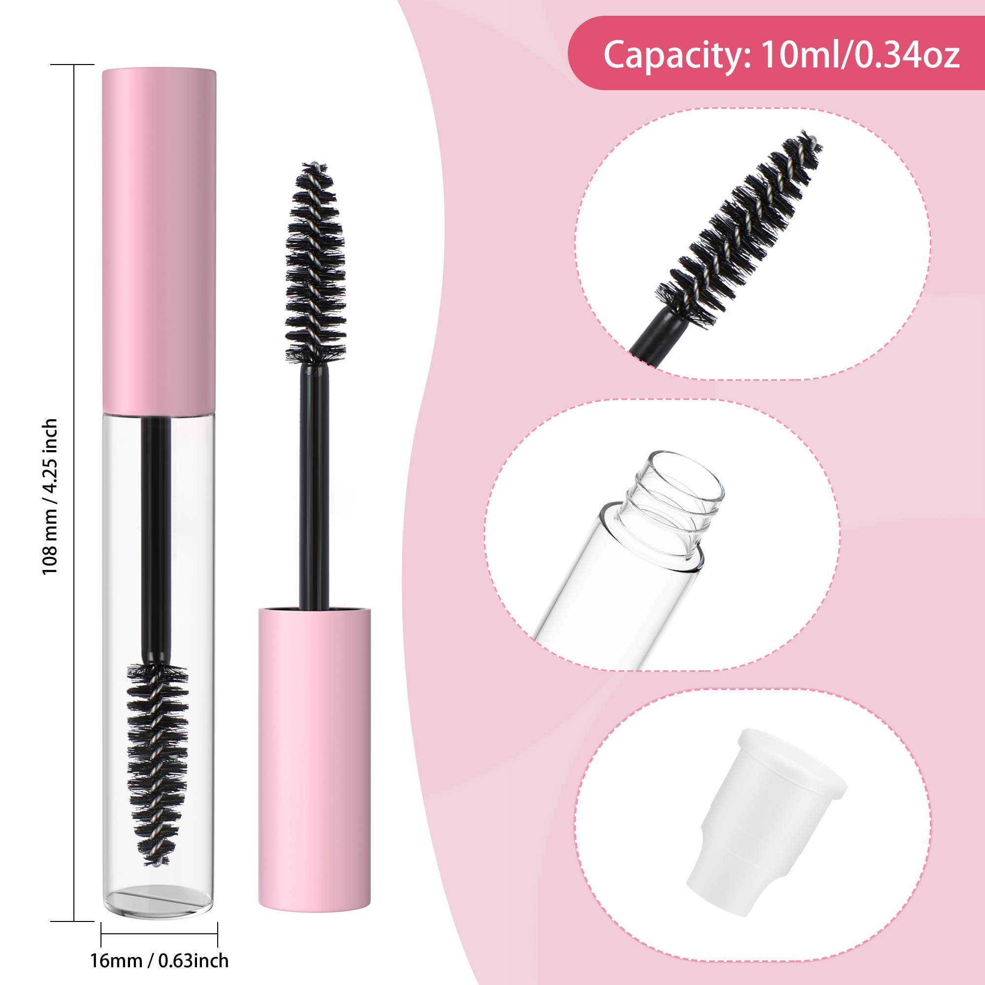 RONRONS 24 Pieces 10ml Mini Mascara Tube Empty Castor Oil Container with Pink Cap Eyelash Wand Brush and Rubber Inserts for Home and Travel DIY Makeup Artist