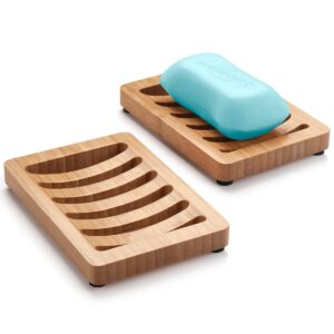 amazerbath bamboo soap dish, wooden soap holder , 2 pack soap dishes for bar soap, wooden soap tray, kitchen soap tray self draining (wooden color)