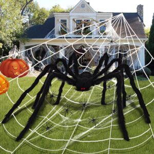 giant halloween spider web decoration large spider web for outside house fake triangular spider web 17feet big spider 59" and 20g stretchable spider cobweb for outdoor yard lawn wall home porch house