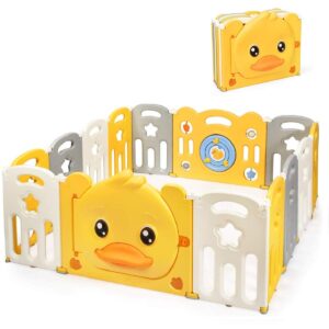 costzon baby playpen, 14-panel portable baby play yards with yellow duck pattern, door with safety lock, indoor outdoor foldable baby fence with non-slip rubber bases & rubber suction cups (14 panel)