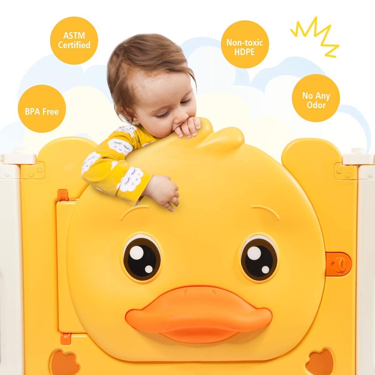 Costzon Baby Playpen, 14-Panel Portable Baby Play Yards with Yellow Duck Pattern, Door with Safety Lock, Indoor Outdoor Foldable Baby Fence with Non-Slip Rubber Bases & Rubber Suction Cups (14 Panel)