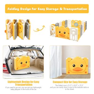 Costzon Baby Playpen, 14-Panel Portable Baby Play Yards with Yellow Duck Pattern, Door with Safety Lock, Indoor Outdoor Foldable Baby Fence with Non-Slip Rubber Bases & Rubber Suction Cups (14 Panel)