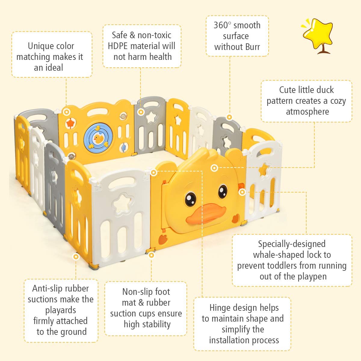 Costzon Baby Playpen, 14-Panel Portable Baby Play Yards with Yellow Duck Pattern, Door with Safety Lock, Indoor Outdoor Foldable Baby Fence with Non-Slip Rubber Bases & Rubber Suction Cups (14 Panel)