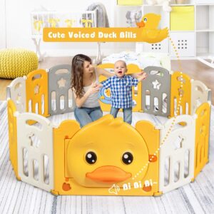 Costzon Baby Playpen, 14-Panel Portable Baby Play Yards with Yellow Duck Pattern, Door with Safety Lock, Indoor Outdoor Foldable Baby Fence with Non-Slip Rubber Bases & Rubber Suction Cups (14 Panel)