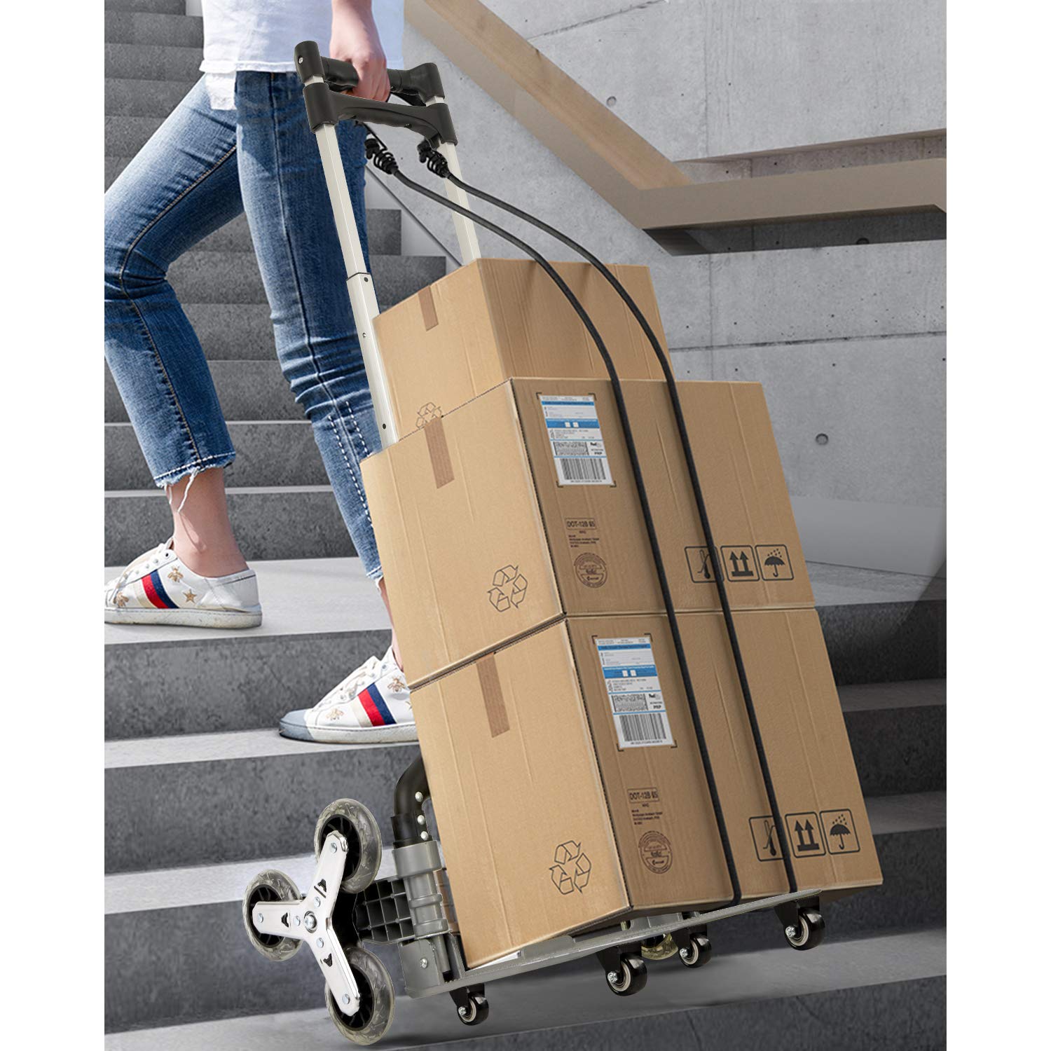 LEADALLWAY Stair Climbing Cart Aluminum Alloy Portable Climbing Cart 6 Crystal Wheels and 4 Universal Wheels Hand Cart with Climbing Rope