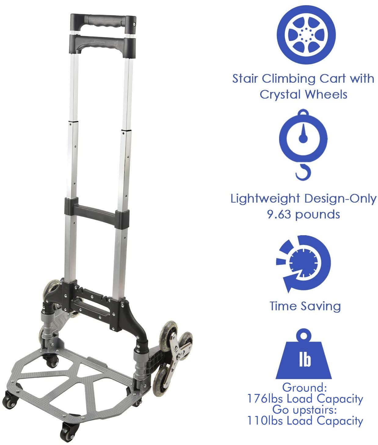 LEADALLWAY Stair Climbing Cart Aluminum Alloy Portable Climbing Cart 6 Crystal Wheels and 4 Universal Wheels Hand Cart with Climbing Rope