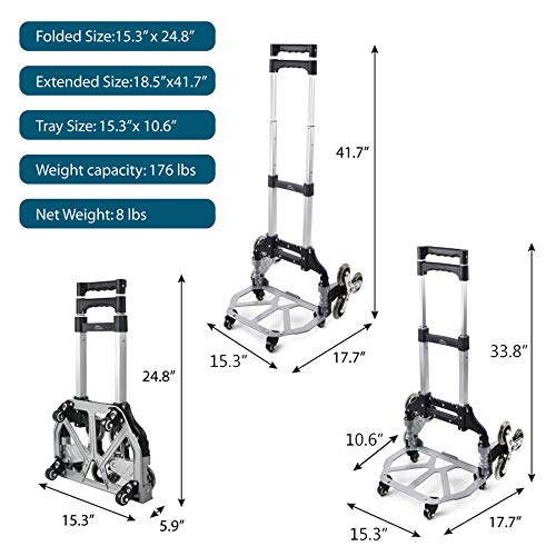 LEADALLWAY Stair Climbing Cart Aluminum Alloy Portable Climbing Cart 6 Crystal Wheels and 4 Universal Wheels Hand Cart with Climbing Rope