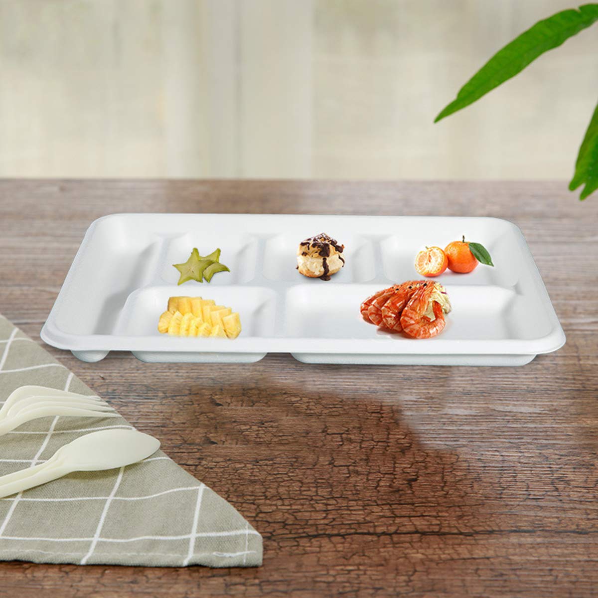 Bekith 60 Pack 6-Compartment Disposable Paper Plate, 100% Compostable Bagasse School Lunch Tray, Heavy-Duty Sectional Plates Eco-Friendly Made of Sugar Cane Fibers