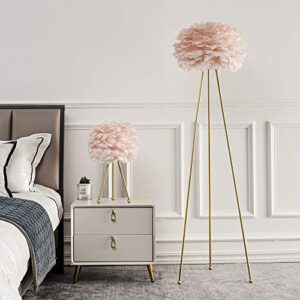 Maxax Feather Floor Lamp, Tripod Floor Lamp with Pink Feather Shade, Standing Light for Bedrooms/Dining Room/Living Room/Kitchen,Gold Classic