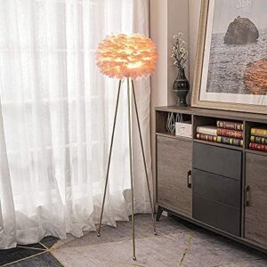 Maxax Feather Floor Lamp, Tripod Floor Lamp with Pink Feather Shade, Standing Light for Bedrooms/Dining Room/Living Room/Kitchen,Gold Classic