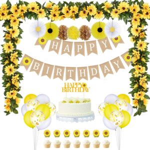 33 pieces sunflower party supplies, sunflower happy birthday banner, big cake topper, yellow sunflower cupcake topper, sunflower garland, tissue paper fans, paper pom poms, colorful balloon for party