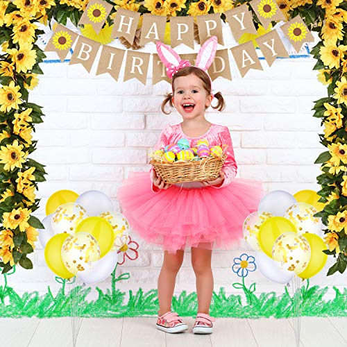 33 Pieces Sunflower Party Supplies, Sunflower Happy Birthday Banner, Big Cake Topper, Yellow Sunflower Cupcake Topper, Sunflower Garland, Tissue Paper Fans, Paper Pom Poms, Colorful Balloon for Party