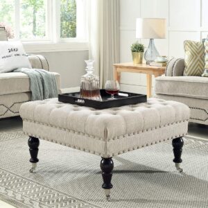 24kf large square upholstered tufted button linen ottoman coffee table, large footrest bench with casters rolling wheels-ivory
