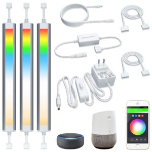 smart under cabinet lighting strip lights white and multi color work with amazon alexa google home dimmable for show case, tv back lights, kitchen counter, book case, under bed (3 lights bar kit)