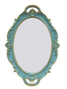 schonee oval vintage decorative mirror tray, jewelry dresser organizer tray, cosmetics makeup storage organizer, serving tray (9.8”x 14.6”) blue