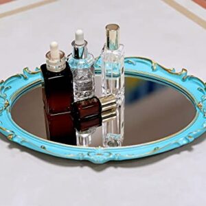 Schonee Oval Vintage Decorative Mirror Tray, Jewelry Dresser Organizer Tray, Cosmetics Makeup Storage Organizer, Serving Tray (9.8”x 14.6”) Blue