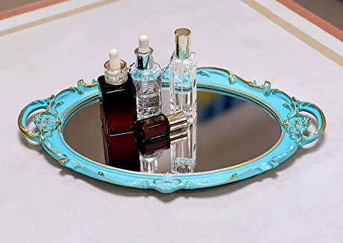 Schonee Oval Vintage Decorative Mirror Tray, Jewelry Dresser Organizer Tray, Cosmetics Makeup Storage Organizer, Serving Tray (9.8”x 14.6”) Blue