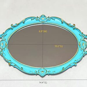 Schonee Oval Vintage Decorative Mirror Tray, Jewelry Dresser Organizer Tray, Cosmetics Makeup Storage Organizer, Serving Tray (9.8”x 14.6”) Blue