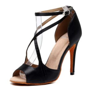 swdzm women's latin dance shoes peep toe ballroom salsa practice party wedding dancing sandals,heel-4",model-1030 black 7 us