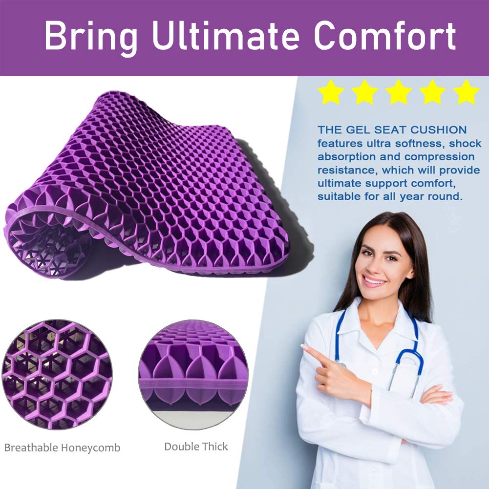 Gel Seat Cushion, Double Thick Gel Cushion for Long Sitting with Non-Slip Cover, Breathable Honeycomb Chair Pads Absorbs Pressure Points for Wheelchair Car Seat Home Office Chairs (16.5x14.5x1.6inch)