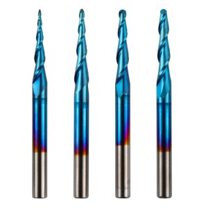 genmitsu 4pcs 2-flute tapered ball nose end mills tungsten carbide cutter with nano blue coat, r0.25-1.0, 1/8” shank, tb04a