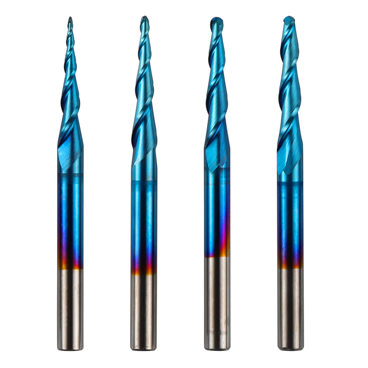 Genmitsu 4pcs 2-Flute Tapered Ball Nose End Mills Tungsten Carbide Cutter with Nano Blue Coat, R0.25-1.0, 1/8” Shank, TB04A