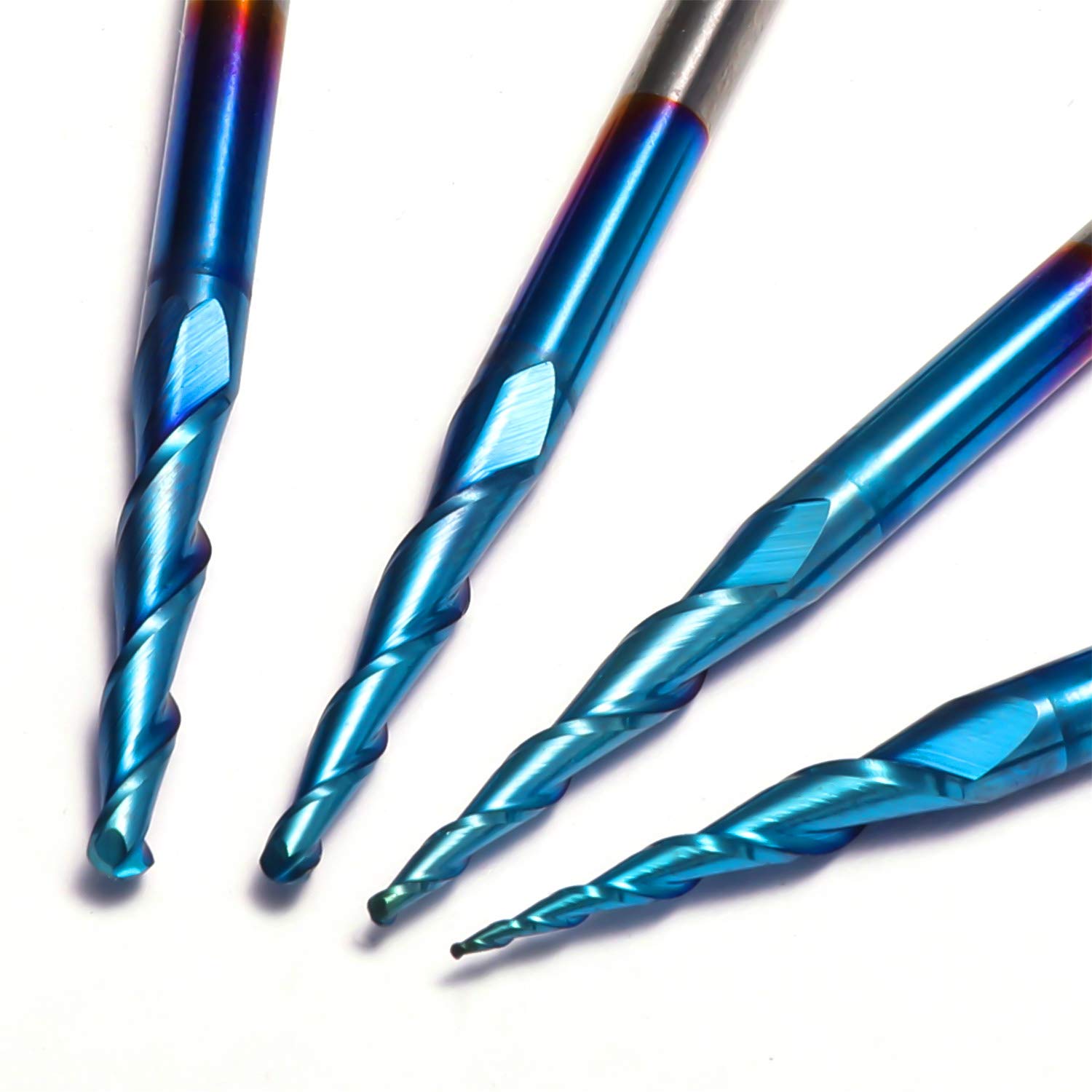 Genmitsu 4pcs 2-Flute Tapered Ball Nose End Mills Tungsten Carbide Cutter with Nano Blue Coat, R0.25-1.0, 1/8” Shank, TB04A