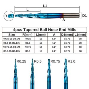 Genmitsu 4pcs 2-Flute Tapered Ball Nose End Mills Tungsten Carbide Cutter with Nano Blue Coat, R0.25-1.0, 1/8” Shank, TB04A