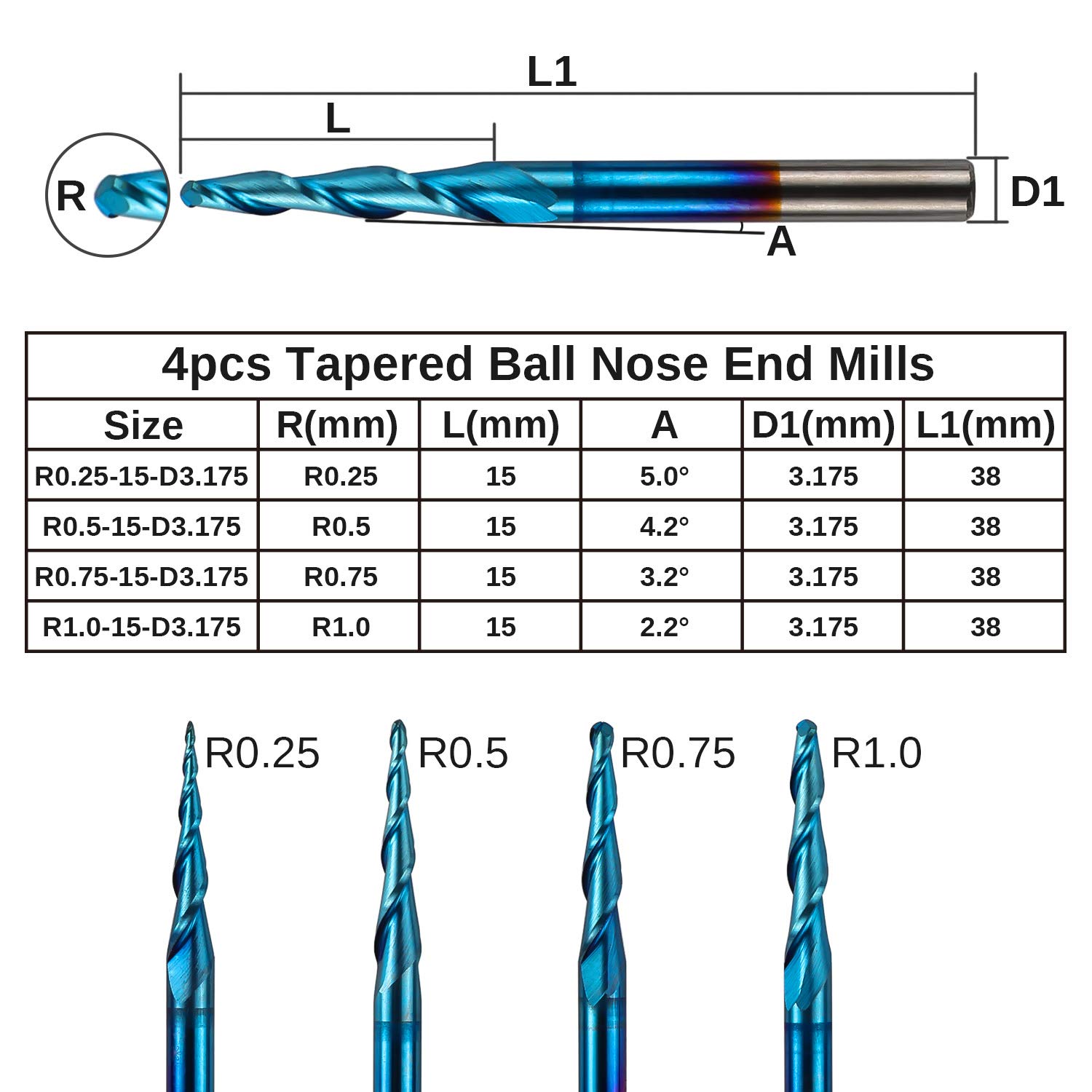 Genmitsu 4pcs 2-Flute Tapered Ball Nose End Mills Tungsten Carbide Cutter with Nano Blue Coat, R0.25-1.0, 1/8” Shank, TB04A