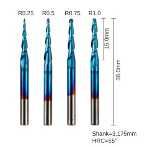 Genmitsu 4pcs 2-Flute Tapered Ball Nose End Mills Tungsten Carbide Cutter with Nano Blue Coat, R0.25-1.0, 1/8” Shank, TB04A