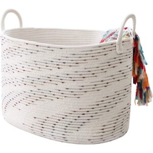 la jolie muse large cotton rope blanket basket, soft woven laundry basket for blankets toys yoga mat, soft nursery storage, 21"(l) x 15"(w) x 13"(h), oval, off white with blue & brown dotted pattern