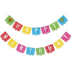 joy bang fiesta birthday banner decorations, mexican theme party decor, cinco de mayo happy birthday banner papel picado garland, feliz cumpleaños banner for kids adults, fiesta party favor supplies