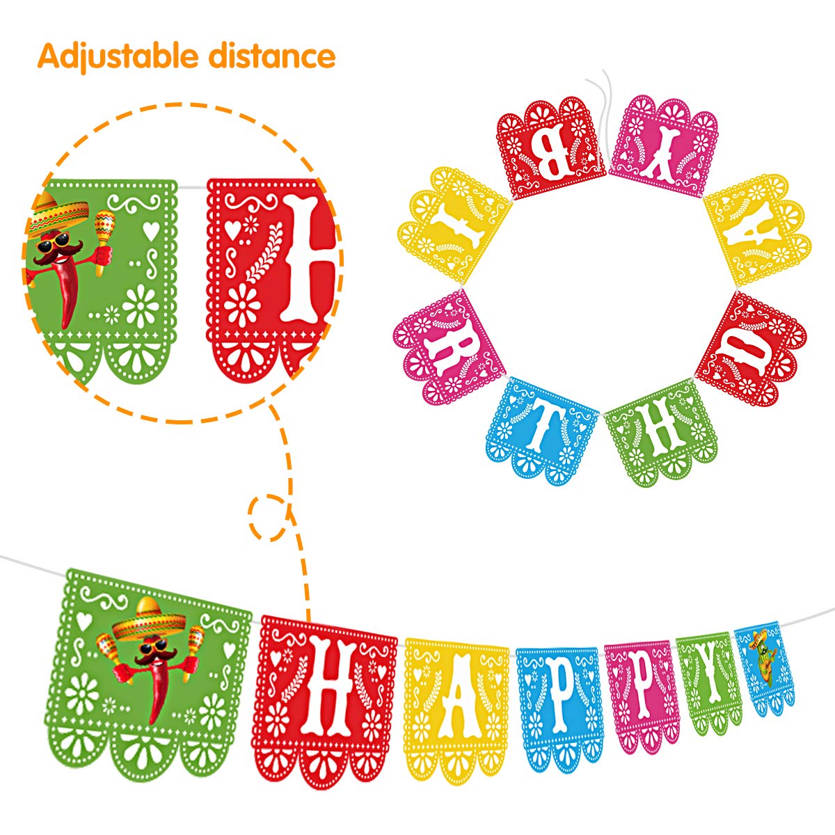 Joy Bang Fiesta Birthday Banner Decorations, Mexican Theme Party Decor, Cinco de Mayo Happy Birthday Banner Papel Picado Garland, Feliz Cumpleaños Banner for Kids Adults, Fiesta Party Favor Supplies