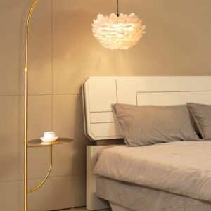 Surpars House White Feather Floor Lamp with Table,Great Floor Light Height Adjustable (Gold)