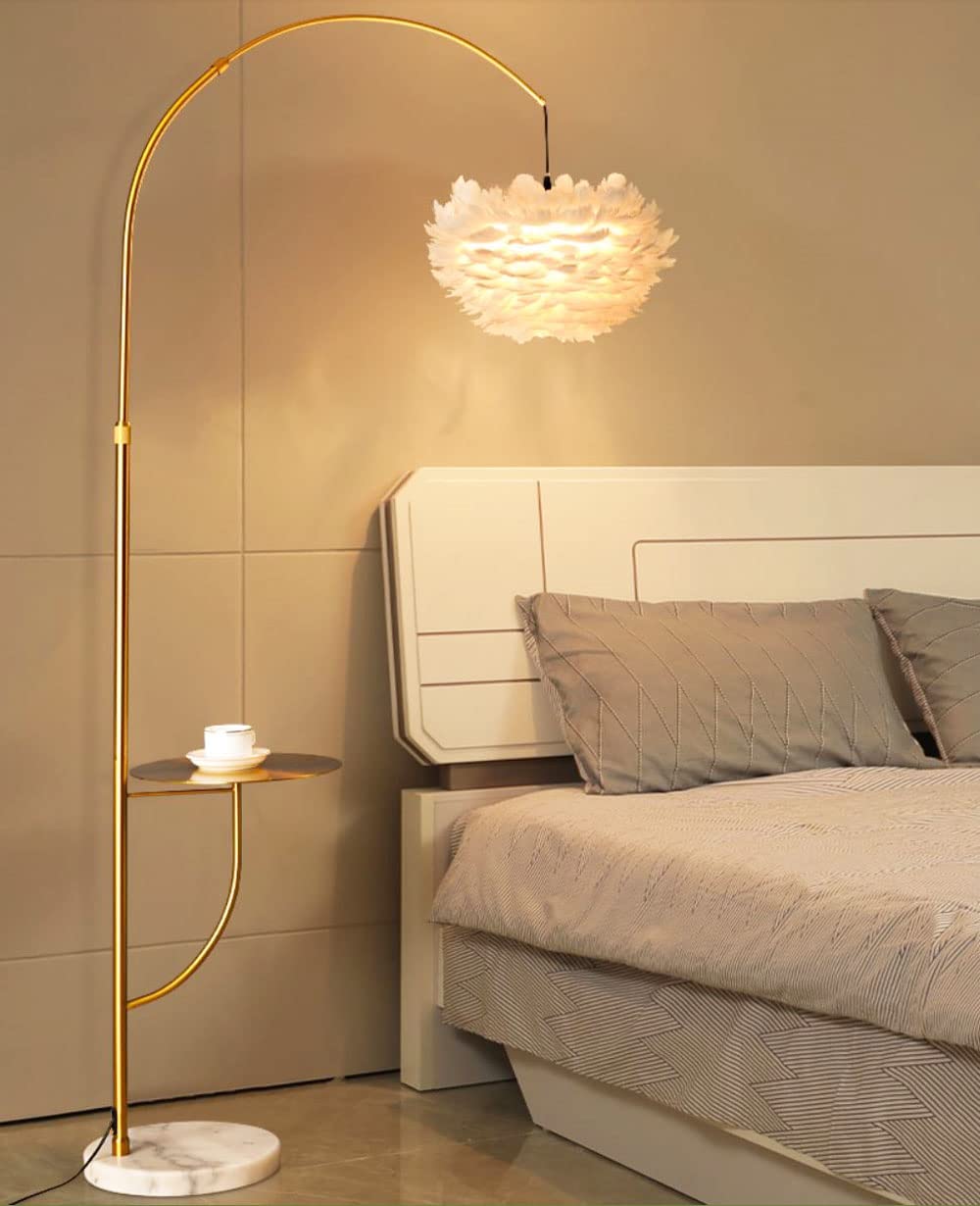 Surpars House White Feather Floor Lamp with Table,Great Floor Light Height Adjustable (Gold)