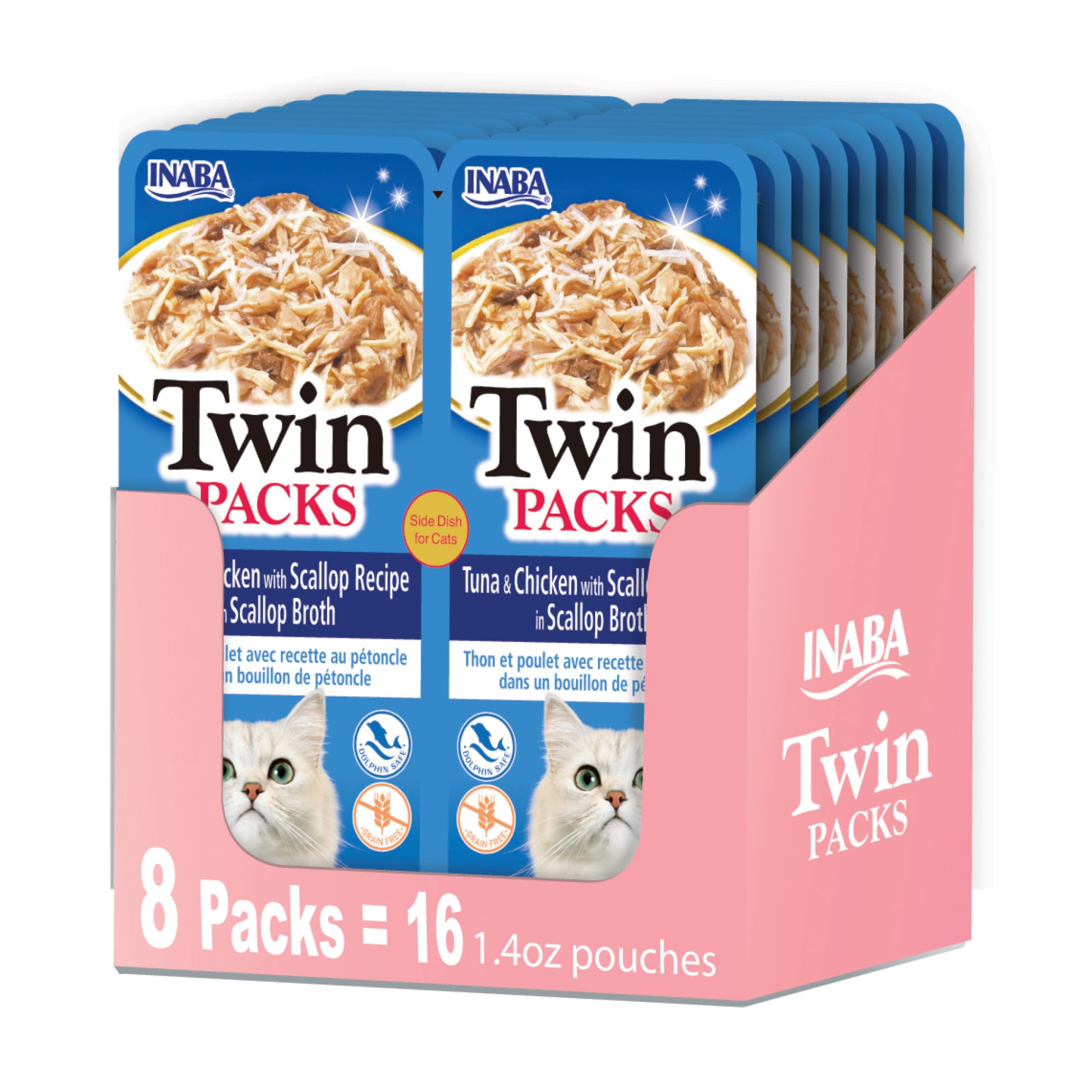 Inaba Twin Packs for Cats, Shredded Chicken & Broth Gelée Side Dish/Topper Pouch, 1.4 Ounces per Serving, 16 Servings, Tuna & Chicken with Scallop Recipe in Scallop Broth