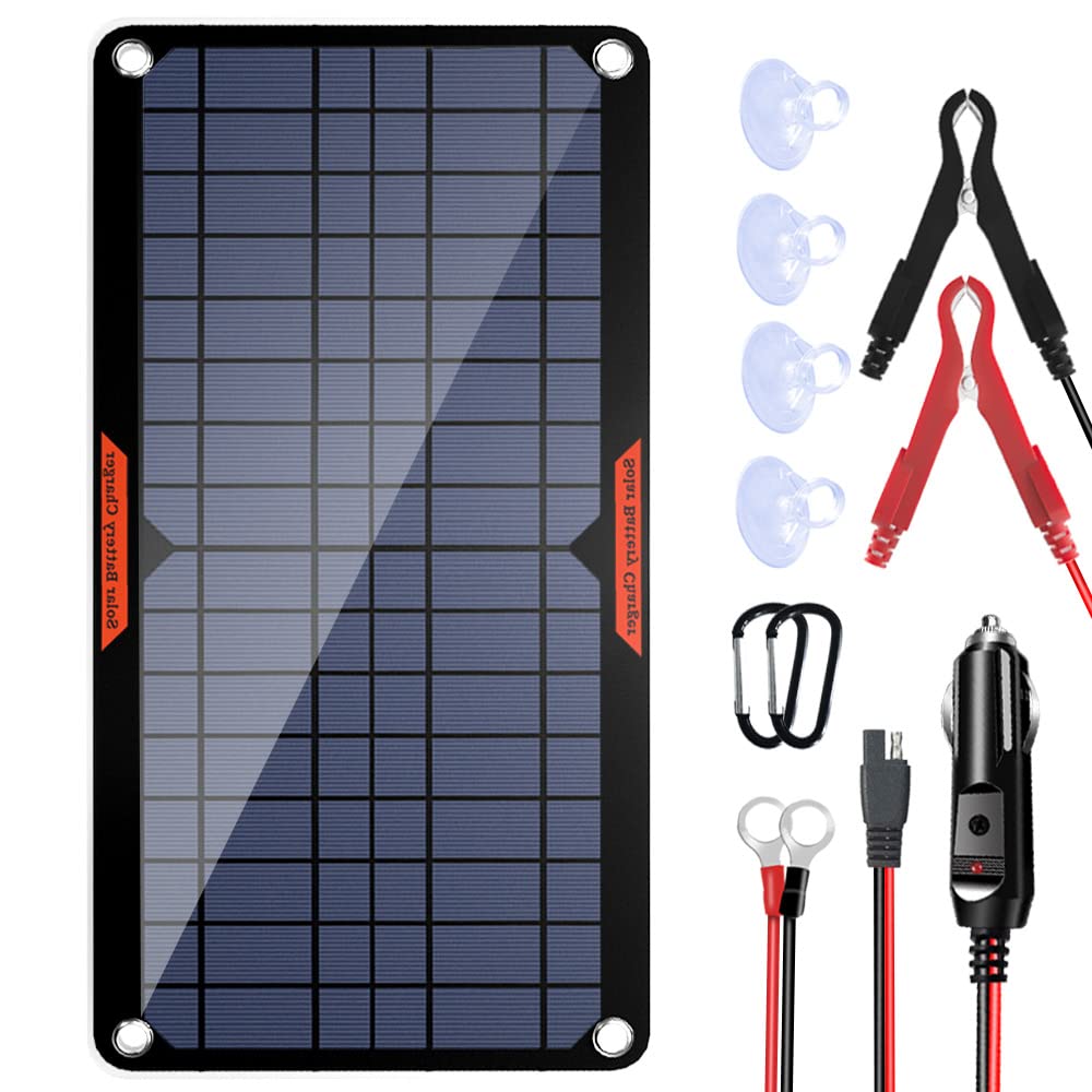 OYMSAE 10W 12V Solar Panel Car Battery Charger Portable Waterproof Power Trickle Battery Charger & Maintainer for Car Boat Automotive RV with Cigarette Lighter Plug & Alligator Clip