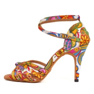juodvmp women's latin salsa shoes colorful print satin cross-strap 4 inch heel ballroom heels,9us